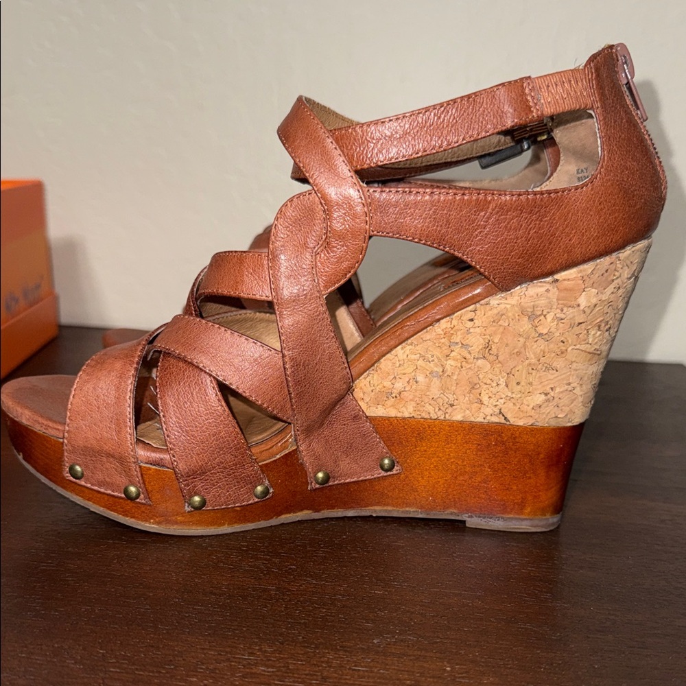 Miz Mooz Kay Cognac Leather Strappy Cork Wood Wedge Sandals Brown Womens - Picture 7 of 12